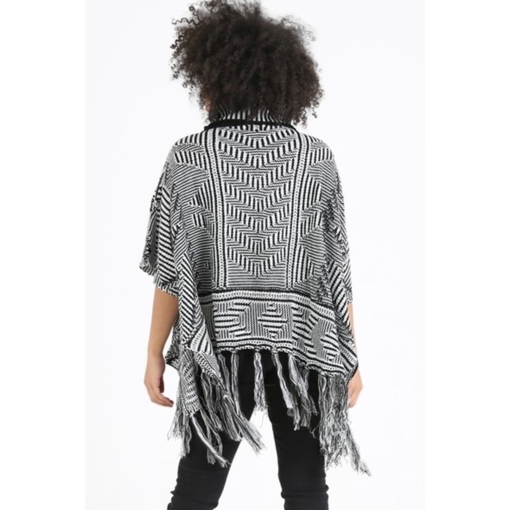 ANGIE Black & White Cowl Neck Poncho with Fringe - Picture 2 of 7